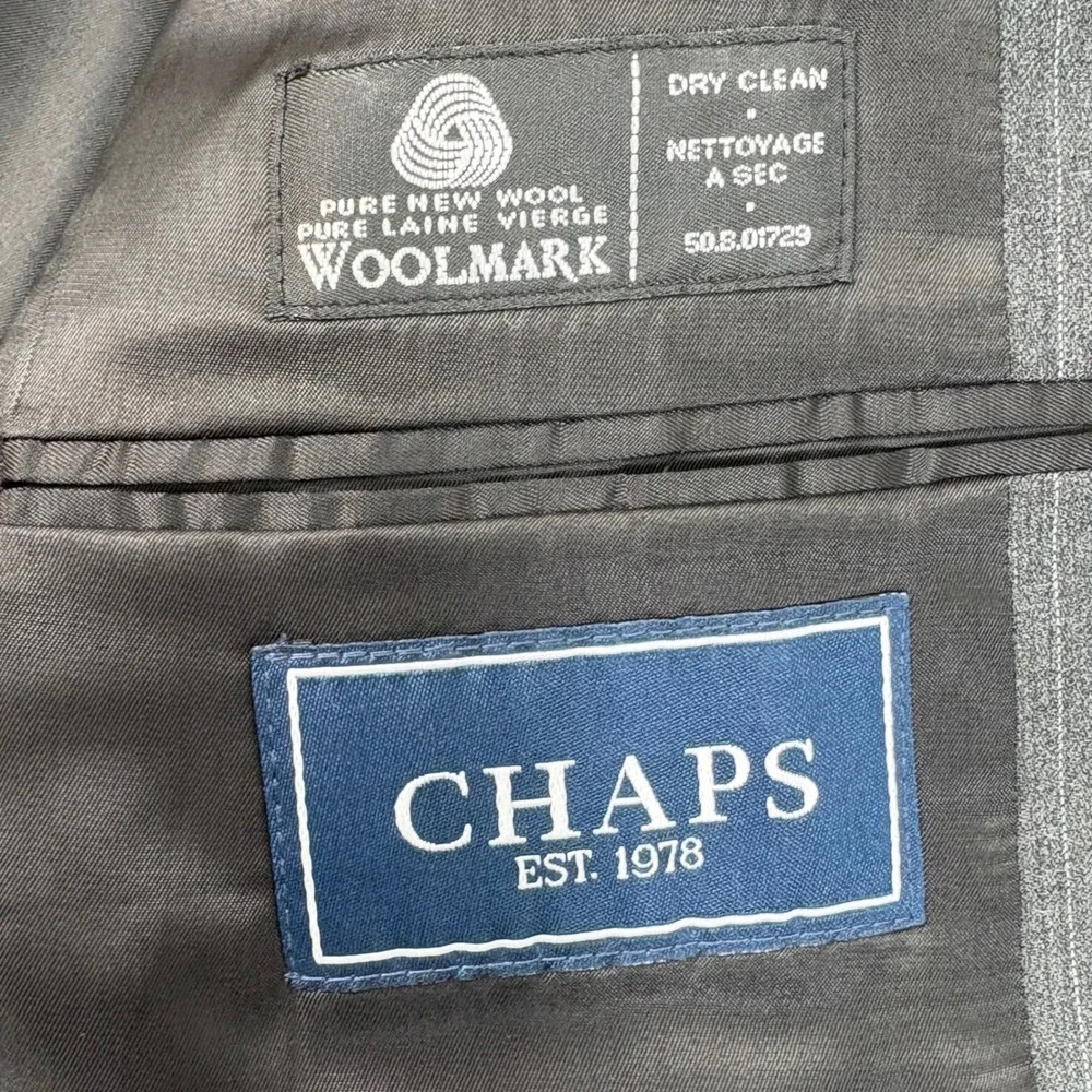 Chaps Mens Gray Pinstripe 100% Wool 2-Piece Suit 48L Jacket 41x30 Pleated‎ Pants